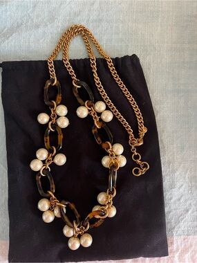 J. Crew Gold Chain Necklace with Tortoiseshell Links and Pearl Clusters
